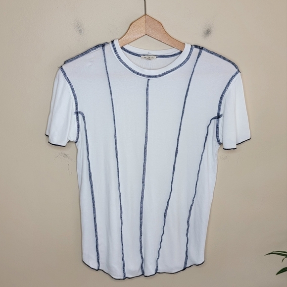 POL | White Ribbed Short Sleeve Tee with Navy Stitching Size Medium - Picture 1 of 4